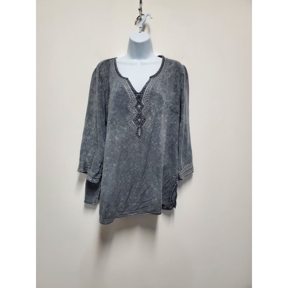 Anthropologie Womens Lg Luna Moon Grey Silver V-Neck Embellished Top